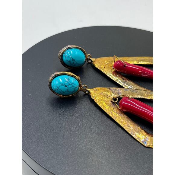 Sylvia Toledano Coral and Turquoise Corail Drop Bold 22k GP Drop Clip Earrings - Picture 9 of 11